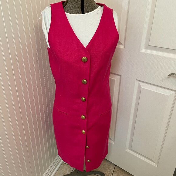 SAKE 100% LINEN BUTTON FRONT SLEEVELESS SHEATH DRESS, FUSHIA, SIZE 10 - Picture 1 of 7